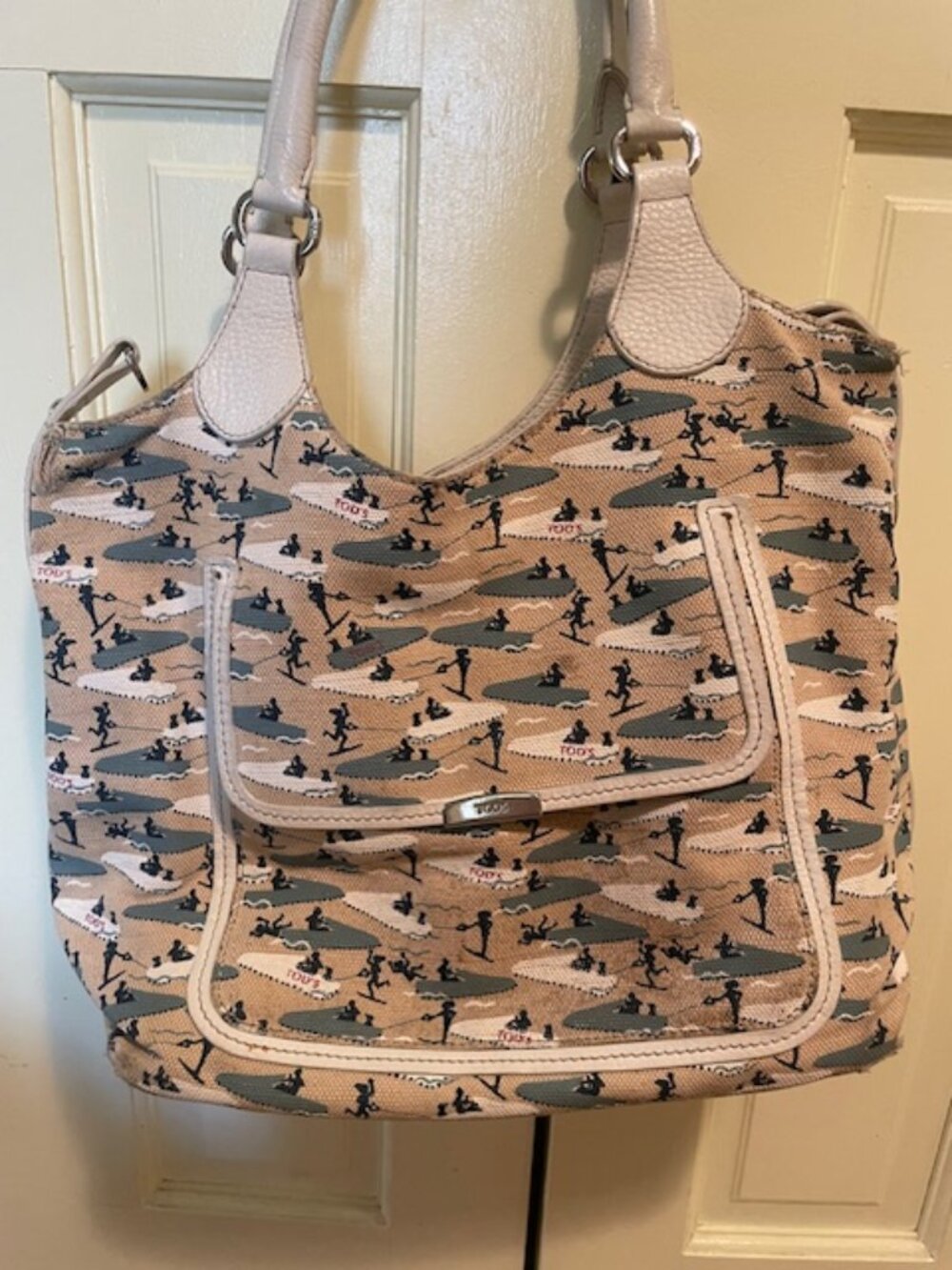 Tod’s Waterskiing Canvas & Leather Print Bag/Tote & Dust bag! Made In Italy